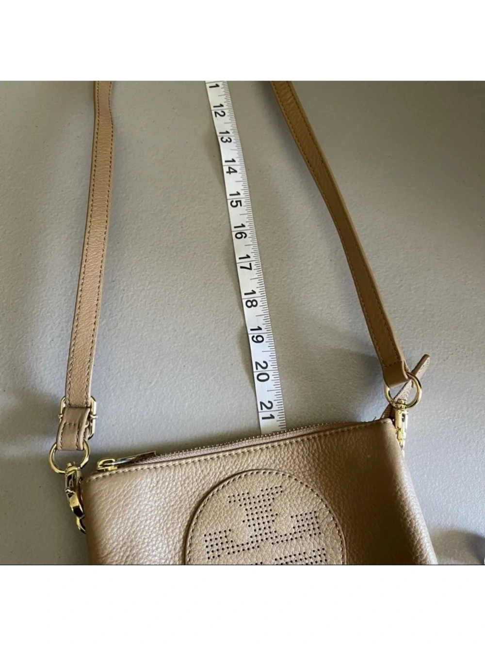 Tory Burch Perforated Logo Leather Crossbody - Tan